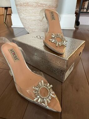 Wetkiss Nude Clear Pointed Mule with Gold Crystal Sunburst